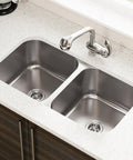 Top view of Undermount Stainless Steel Double Bowl Kitchen Sink 32 And A Quarter Inch Wide, 18 Gauge, 304 Grade, built into countertop.