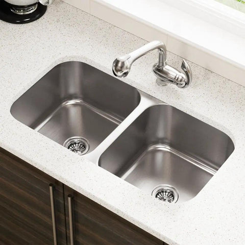 Top view of Undermount Stainless Steel Double Bowl Kitchen Sink 32 And A Quarter Inch Wide, 18 Gauge, 304 Grade, built into countertop.