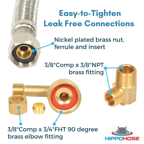 Universal Dishwasher Water Supply Hose Kit 10 ft braided stainless steel line with 3/8 inch compression fittings and elbow connectors