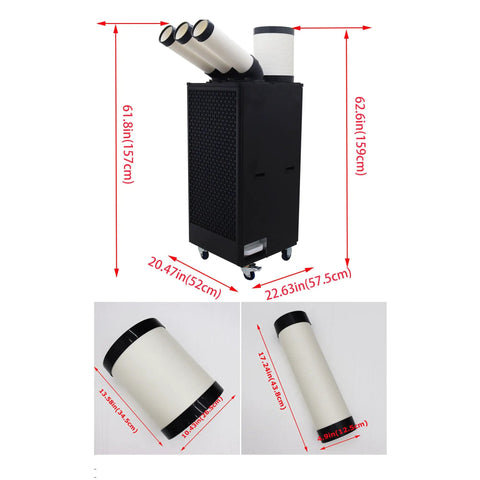 Heavy Duty Outdoor Industrial Air Conditioner Featuring Extendable Exhaust Hose For Shops And Warehouses, sleek black with multiple exhausts.