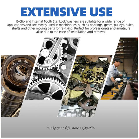 Mechanical parts and machinery showcasing the use of 261 Pcs Lock Washer And E Clip Kit With 100 Internal Tooth Star Washers.
