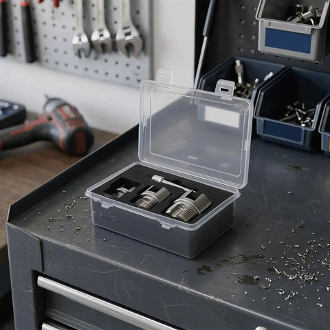 Dual Function Pipe Threading Tool Set in portable case on workbench, featuring internal and external thread cutters for water lines.