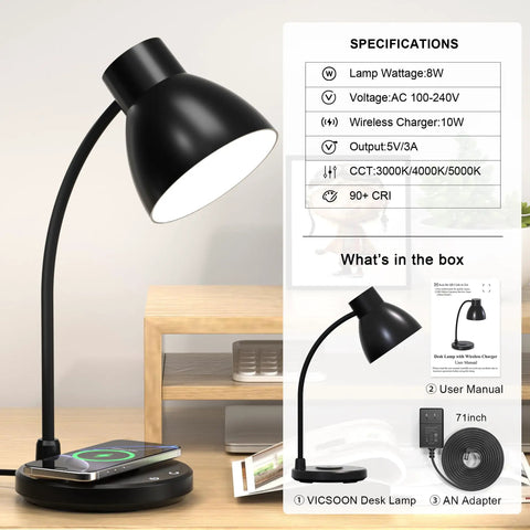 Wireless Charger LED Desk Lamp For Home Office And Dorm With 800 Lumens Small Desk Light With Pen Holder And Flexible Arm Three Modes And Dimmable Touch Control A Dope Study Light For College Dorm Room with pen holder and flexible arm on desk