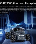 Toy robot car with LiDAR sensor and Mecanum wheels; black and silver chassis