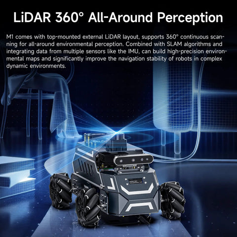 Toy robot car with LiDAR sensor and Mecanum wheels; black and silver chassis