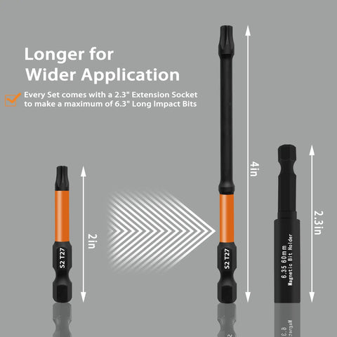 4 Inch Long Impact Torx Bit Set showing bit sizes and 2.3-inch magnetic extension, ideal for automotive and home repair tasks.