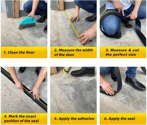 Step-by-step installation of Universal Garage Door Threshold Seal Strip Kit 12 Ft Bottom Weather Stripping Rubber Replacement Waterproof Yellow.