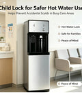 Hospital Grade Freestanding Water Dispenser With Hot Cold And Room Temp Settings Direct Plumbing Hookup For Automatic Refill Zero Plastic Baggage Spotless Clinic Hygiene Quick Setup Always Ready To Roll in a waiting area with child lock feature
