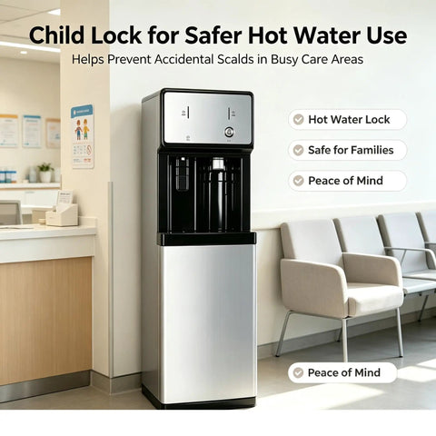 Hospital Grade Freestanding Water Dispenser With Hot Cold And Room Temp Settings Direct Plumbing Hookup For Automatic Refill Zero Plastic Baggage Spotless Clinic Hygiene Quick Setup Always Ready To Roll in a waiting area with child lock feature