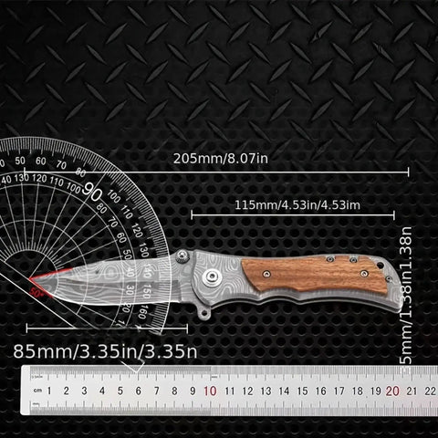 Custom Damascus Steel Folding Knife With Wooden Handle And Separate Compass In Wooden Gift Box shown with measurements