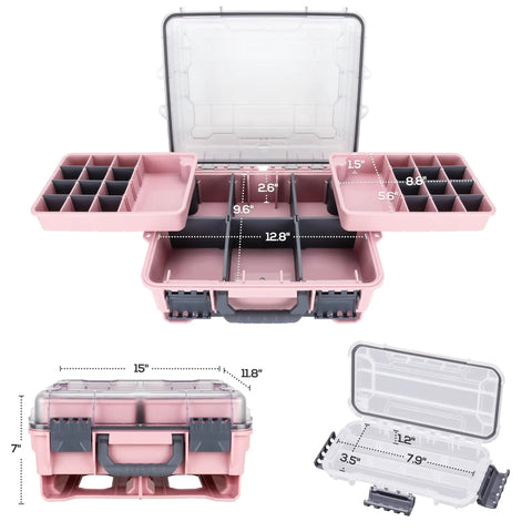 Universal Fishing Tackle Box With Two Small Tackle Trays And Removable Inside Compartments Waterproof Airtight