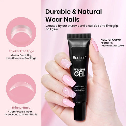 Hand holding Beetles nail glue tube from Gel Nail Extension Kit With Short Square Tips And Essentials Like Primer Dehydrator 10 Ml Glue 15 G 576 Half Matte Short Square Tips Mini UV Lamp And Nail File For Easy DIY Manicure At Home Perfect Gift For Women