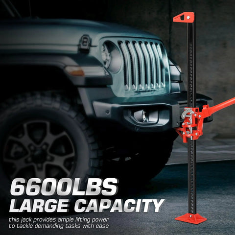 Side view of DNA Motoring 48'' farm jack mounted beside Jeep bumper; red handle, black post, 6600 lbs capacity