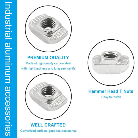 Hammer Head T Nuts Set 100 Pieces 2020 Series Carbon Steel M4 T Slot Nuts Aluminum Profile Fastener Assortment Nickel Plated