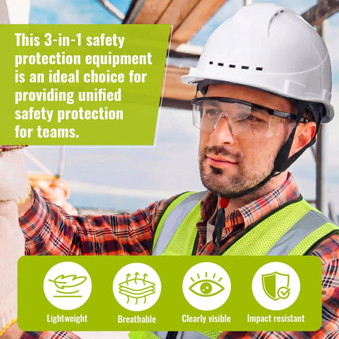 Eighteen Piece Squad Ready Construction Safety Bundle With White Cap Style Hard Hats Neon Hi Viz Vests Adjustable Clear Safety Glasses No Fuss Ppe Bulk Pack For Serious Job Site Hustle worker wearing white hard hat and safety glasses on job site