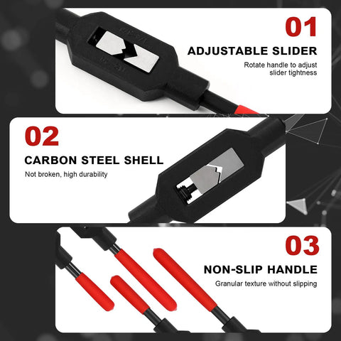Heavy Duty Adjustable Tap Wrench Set Built Tough With No Hassle Ratcheting Handle For Gearheads And Machinists Covers M1 Through M10 Threads Includes image showing adjustable slider, carbon steel shell, and non-slip handle.