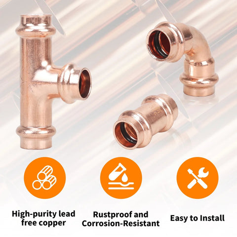 Znkiok 1/2 in copper Propress fittings set with stop: 4 couplings, 90° elbow, and tee.