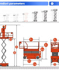 Diagram of Heavy Duty Semi Automatic Scissor Lift Platform for high reach maintenance with detailed measurements.