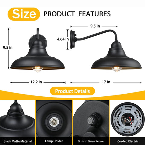 Gooseneck Dusk To Dawn Outdoor Wall Sconces Matte Black Farmhouse Barn Light Two Pack 12 Inch Exterior Wall Light Fixtures diagram