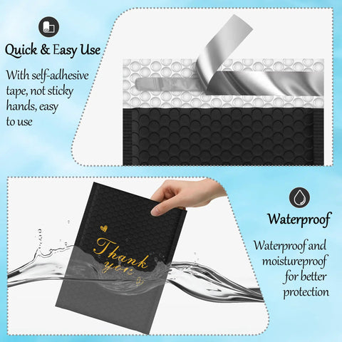 Thank You Bubble Mailers 6x10 Inch 25 Pack Self Sealing Padded Envelopes with waterproof cushioning shown with water and adhesive tape