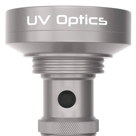 Close-up of Powerful LED Ultraviolet Black Light Flashlight For Detecting Bed Bugs, Pet Stains, Insects, showing UV Optics.