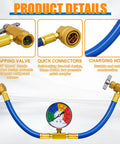 R134A Car AC Refrigerant Charge Hose Kit With Gauge And Built In Safety Valve, blue hose, connectors, pressure gauge