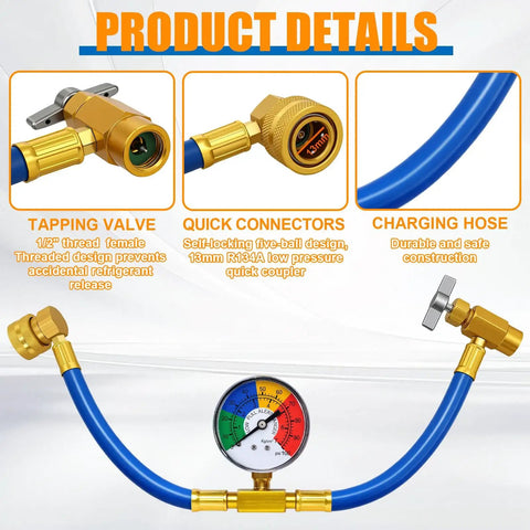 R134A Car AC Refrigerant Charge Hose Kit With Gauge And Built In Safety Valve, blue hose, connectors, pressure gauge
