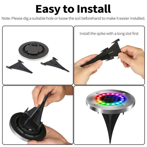 Installation steps for Sun Powered Solar Ground Lights 12 Pack With 8 LED In-Ground Disk Lights, showing spike assembly and placement.