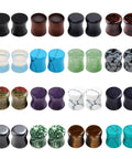 Dope Value Pack Mixed Stone Wood And Acrylic Ear Plugs Set, 16 Pairs 32 Pieces, assorted materials and colors in rows.