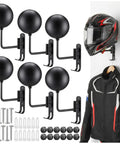 Set of six wall-mounted spherical helmet racks with hardware, showcasing a helmet and jacket. Six Pack Motorcycle Helmet Rack Wall Mount With 180 Degree Rotation And Dual Hooks, Heavy Duty Gear Hanger For Helmets Coats Caps Jackets Gloves And More, Perfect Garage Organization.