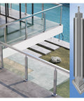 Slick Stainless Steel Corner Railing Post Kit Built Like A Tank For Decks Pools And Balconies shown with tempered glass railing.
