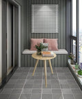 Interlocking Drainage Floor Tiles No Slip With Drain Holes For Pool Bathroom Shower Patio Boat And Pet Areas 12 Inch By 12 Inch By 0.4 Inch Thick Gray Durable Rubber Indoors Outdoors Easy Install installed on balcony floor.