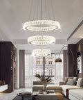 Living room with Dimmable Dope Modern LED Chandelier With Three Ring Pendant Lights, Crystal Rings For Dining Room Living Room Bedroom