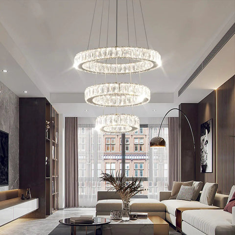 Living room with Dimmable Dope Modern LED Chandelier With Three Ring Pendant Lights, Crystal Rings For Dining Room Living Room Bedroom