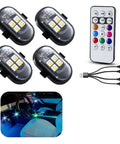 Upgraded Four Pack Wireless LED Lights For Car With Remote Rechargeable Waterproof Eight Color Interior Car Lights Mini LED Strobe Lights For Vehicle Drone Motorcycle Bike For Car Buffs