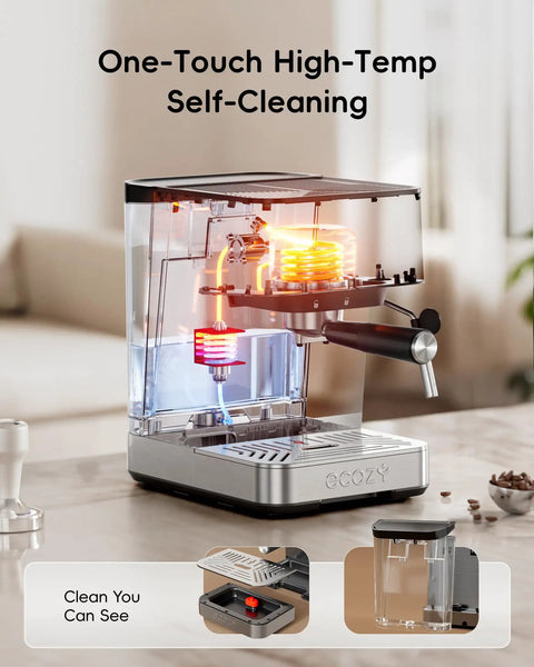 Kickstart Your Grind With This Game Changing Two In One Espresso And Drip Coffee Maker Featuring A Built In Milk Frother And Smart Touchscreen For Flawless Coffee Shop Sips - close-up of self-cleaning feature and components