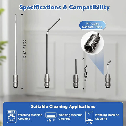 4 Pack High Pressure Washer Nozzle Kit With Snap On Quick Connect Tips For Washing Machines AC Cleaning Cars And Decks Beefed Up Pro Grade Water Nozzles For Deep Clean Fits Most Electric Or Gas Pressure Washers, showing various nozzle sizes and dimensions.