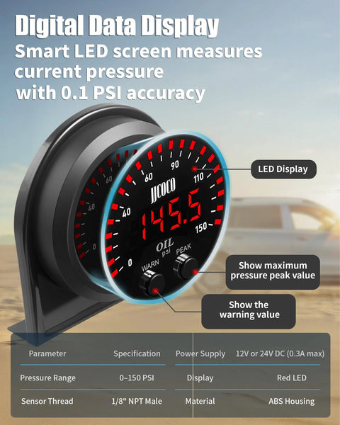 digital oil pressure gauge kit with red LED display, 0-150 PSI, smart data display for cars and trucks