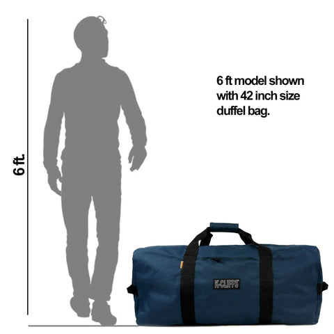 Beast Heavy Duty Cargo Duffel 170L Large Sport Gear Bag Water Resistant Rugged Square Travel Bag next to 6 ft silhouette for scale.