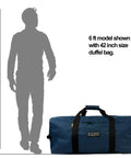 Heavy Duty Cargo Duffel Bag 110L Large Sport Gear Equipment Tote with silhouette for size comparison, rooftop rack ready
