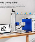 30W Pro Grade Fiber Laser Engraver With Dual Cooling Fans And Integrated Power Supply Panic Button And Stable Raycus Core Laser on desk next to laptop
