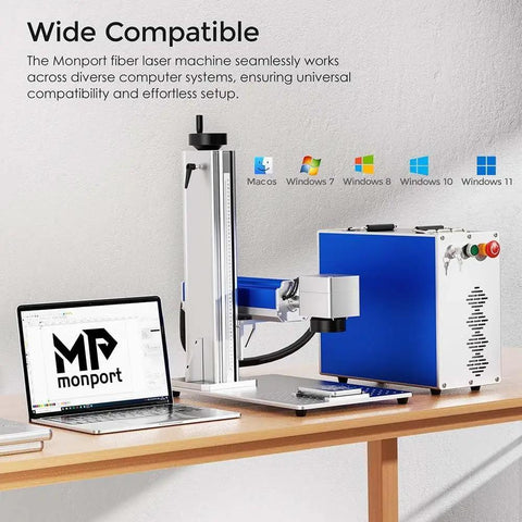 30W Pro Grade Fiber Laser Engraver With Dual Cooling Fans And Integrated Power Supply Panic Button And Stable Raycus Core Laser on desk next to laptop