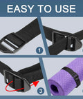 Steps showing use of 12 Pack 3/4 Inch Plastic Ladder Buckles for Backpack Straps securing a purple roll, easy-to-use slider clips.