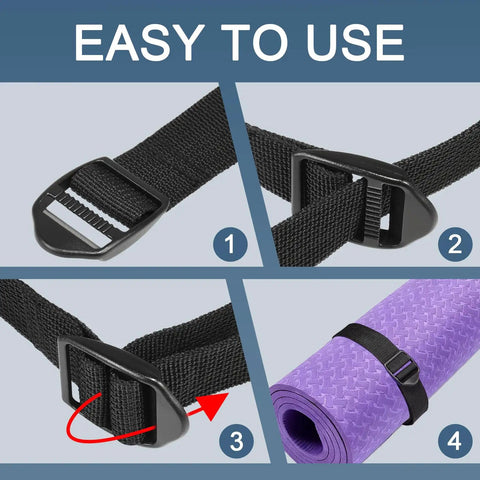 Steps showing use of 12 Pack 3/4 Inch Plastic Ladder Buckles for Backpack Straps securing a purple roll, easy-to-use slider clips.
