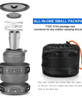 Exploded view of Lightweight Camping Cookware Mess Kit Gear With Pot, Pan, Kettle, Two Cups And Utensils For Backpacking