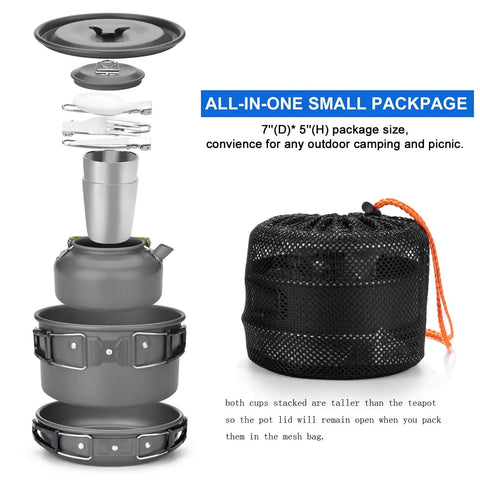 Exploded view of Lightweight Camping Cookware Mess Kit Gear With Pot, Pan, Kettle, Two Cups And Utensils For Backpacking