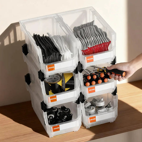 Clear Stackable Storage Bins 6 Pack, 14.8 By 8.5 By 7.1 Inches, Durable Plastic Containers for Closet, Garage, Office Supplies