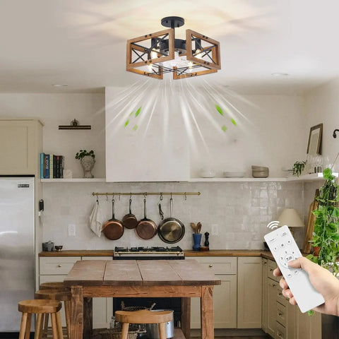 Dope Wood Flush Mount Ceiling Fan With Lights And Remote in kitchen setting, caged design, low-profile, farmhouse style, 6 speeds.