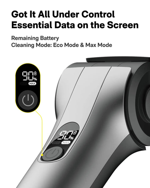 Cordless Electric Spin Scrubber With Extendable Handle And Adjustable Angle Smart Display showing battery and mode settings