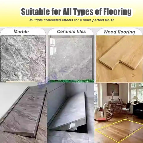 Heavy Duty Hidden Floor Access Panel Hatch Camouflaged Cellar Door For Concealed Basement Entry And Legit Load Bearing Garage Cover with marble, tile, and wood textures.